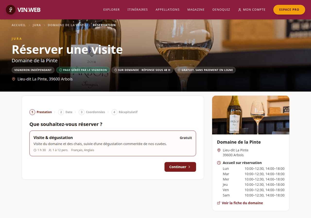 Page de réservation d’un domaine sur Vin-Web